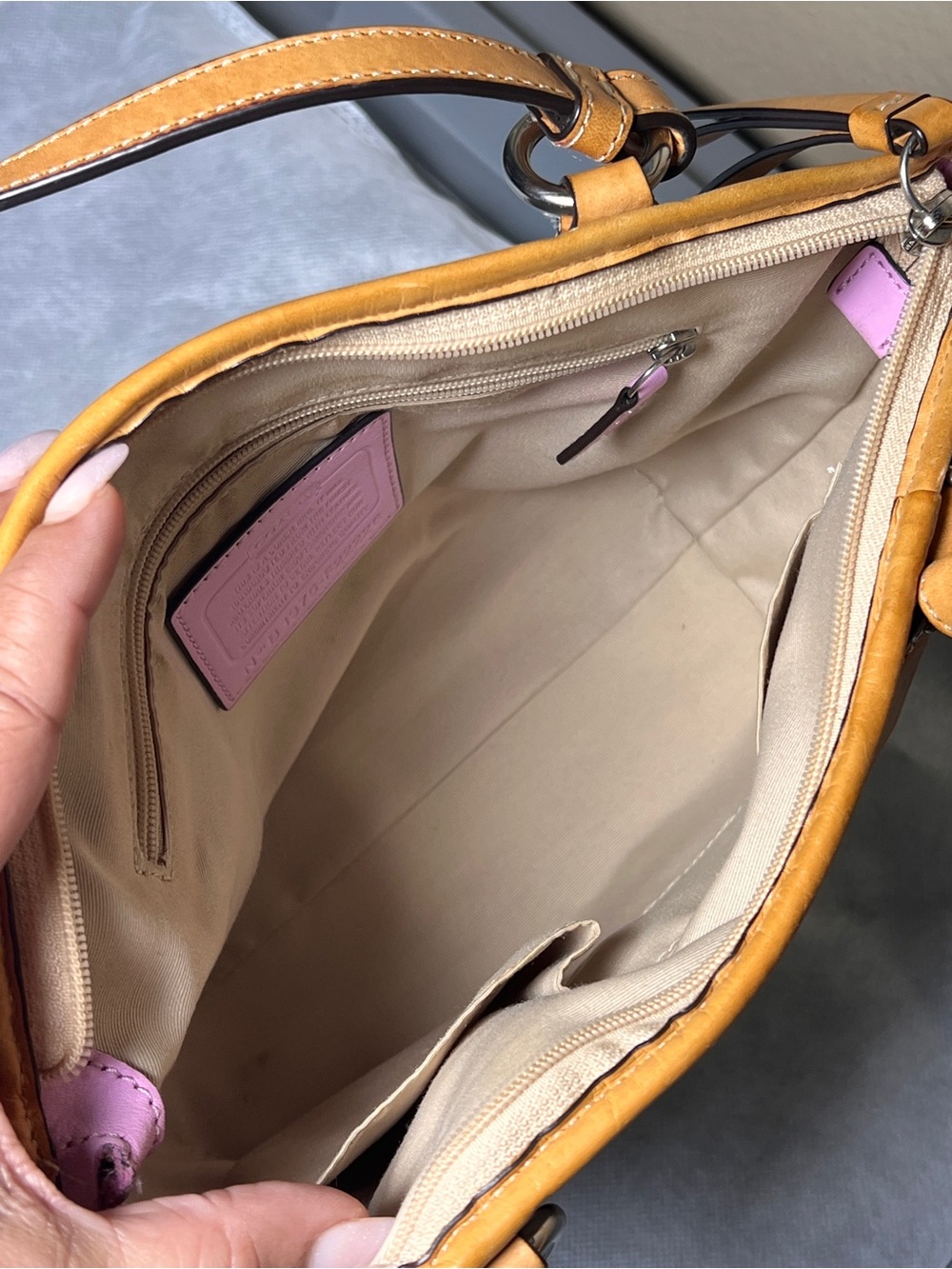 Coach Peyton Signature Canvas Tote in Purple and Pink Floral Print and Tan Trim - Picture 11 of 16